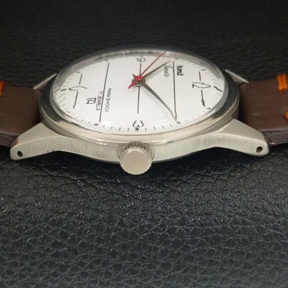 Vintage 1971 HMT Manual Wound Mens Silver Watch W/daydate & Black accents - Picture 5 of 9